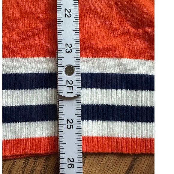 Orange Navy Polo Style Stripes 3/4 Sleeve Round Neck Lightweight Sweater - Picture 5 of 5